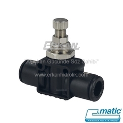 Pnömatik Push-In Nikel Kaplı Pirinç+Plastik Hat Tipi Hız Ayar Valfi - El Ayarlı Tip, Tek Yönlü (Çekvalfli) (MV34 U) - C.MATIC