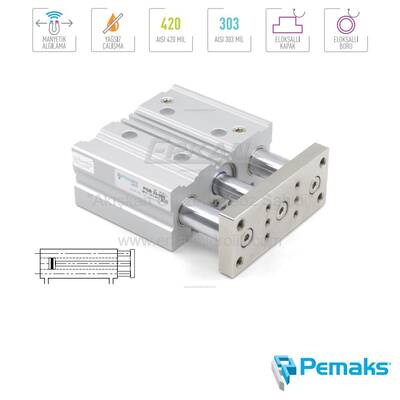 Pemaks - PGB Serisi İkiz Yataklı Manyetik Kompakt Pnömatik Silindir (Ø12...Ø63) - 1