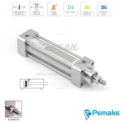 Pemaks - PRS-A Serisi Komple Paslanmaz Çelik Manyetik ve Yastıklamalı Pnömatik Silindir (Ø32...Ø125) (ISO 15552) - 1